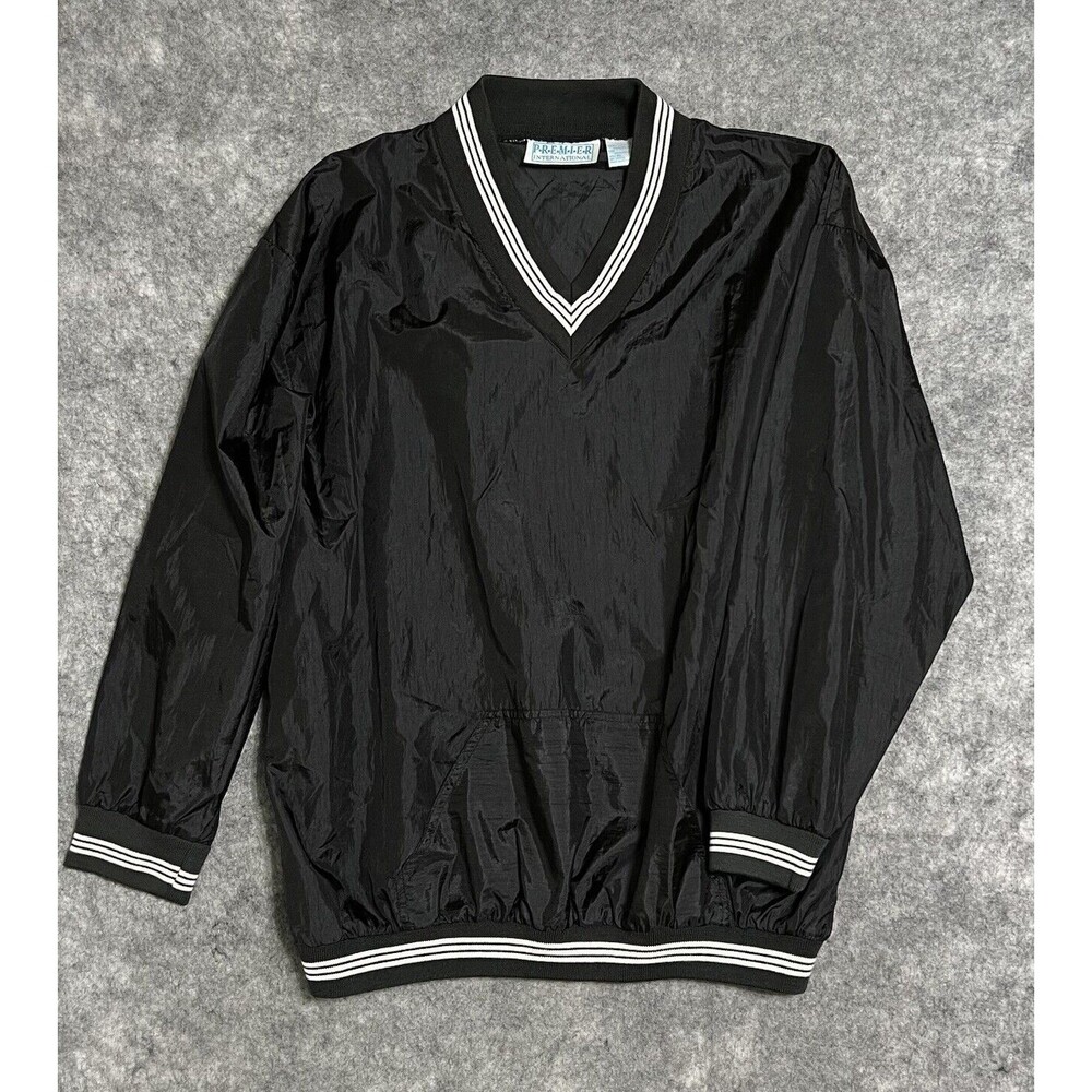 Vintage Premier International Pullover Windbreaker Men’s XL Black Nylon V-Neck